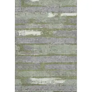 Photo of Olive Green Gray And Silver Striped Washable Area Rug With UV Protection