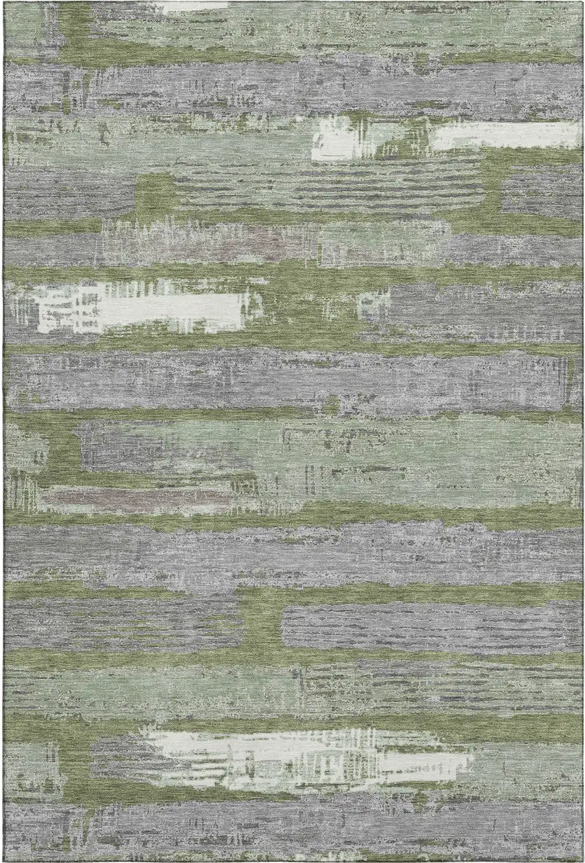 Olive Green Gray And Silver Striped Washable Area Rug With UV Protection Photo 1