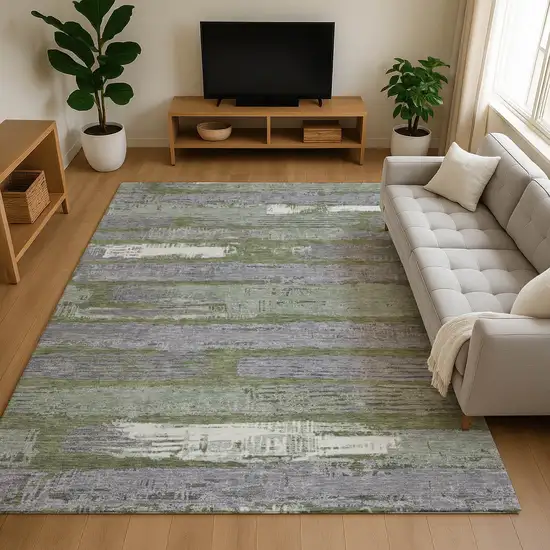 Olive Green Gray And Silver Striped Washable Area Rug With UV Protection Photo 4
