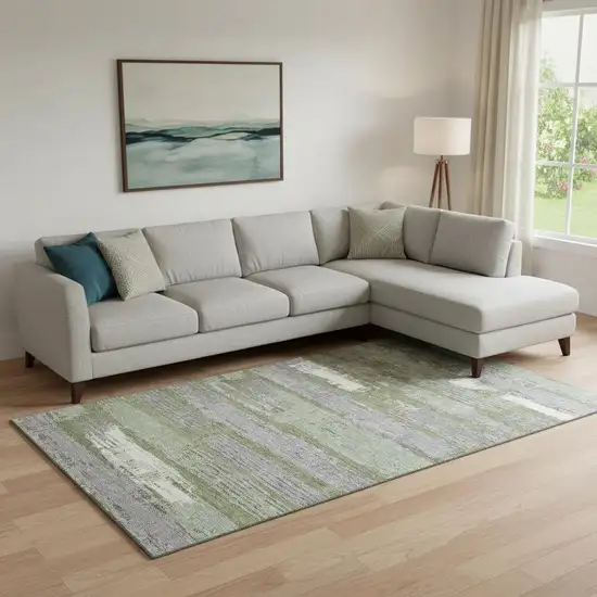 Olive Green Gray And Silver Striped Washable Area Rug With UV Protection Photo 2