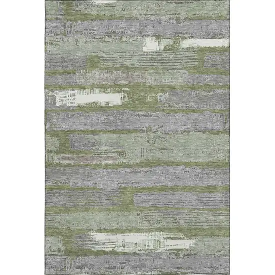 Olive Green Gray And Silver Striped Washable Area Rug With UV Protection Photo 1