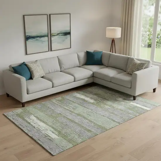 Olive Green Gray And Silver Striped Washable Area Rug With UV Protection Photo 2