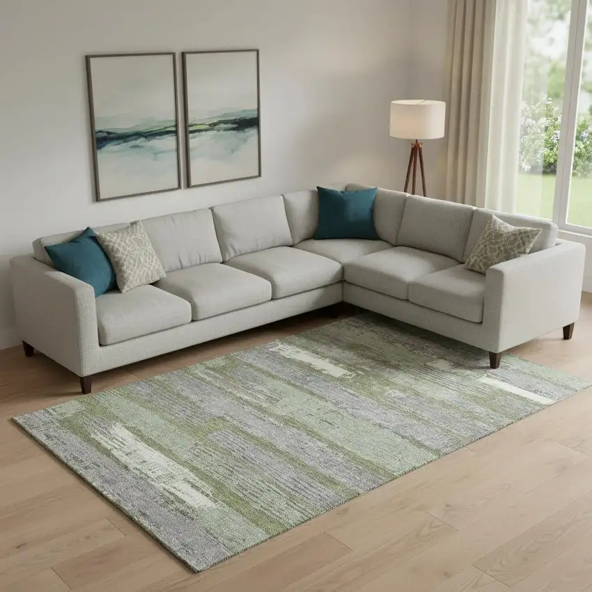 Olive Green Gray And Silver Striped Washable Area Rug With UV Protection Photo 2