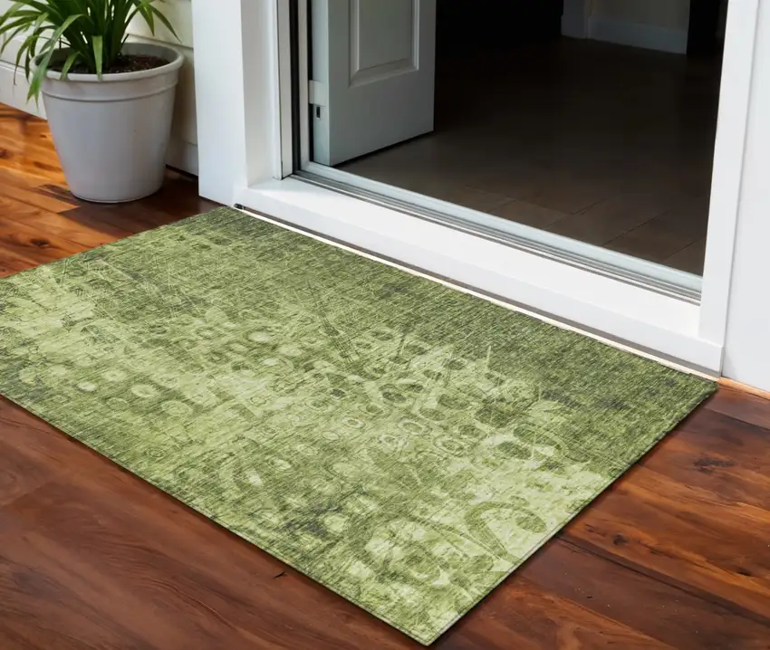 Olive Green Ikat Washable Non Skid Indoor Outdoor Area Rug Photo 1