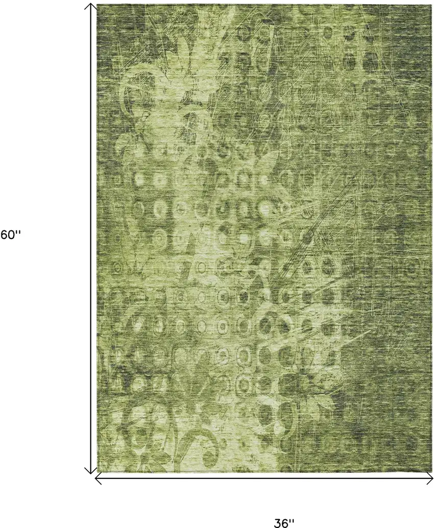 Olive Green Ikat Washable Non Skid Indoor Outdoor Area Rug Photo 3
