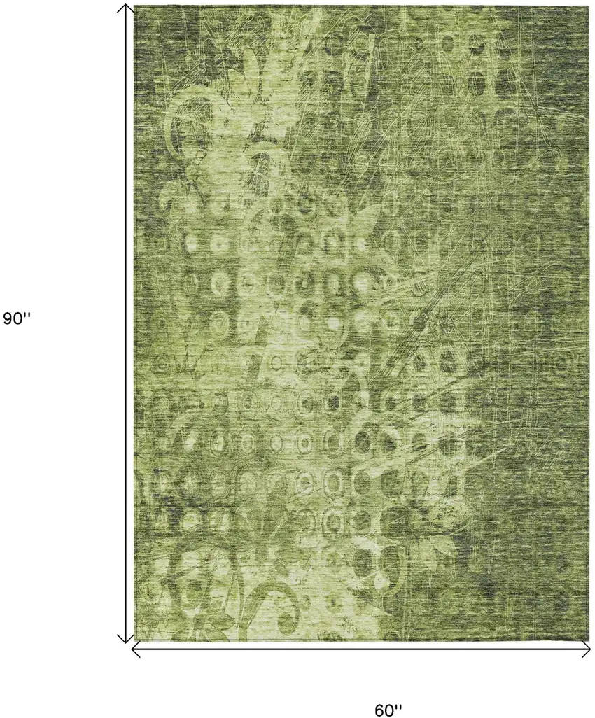 Olive Green Ikat Washable Non Skid Indoor Outdoor Area Rug Photo 3