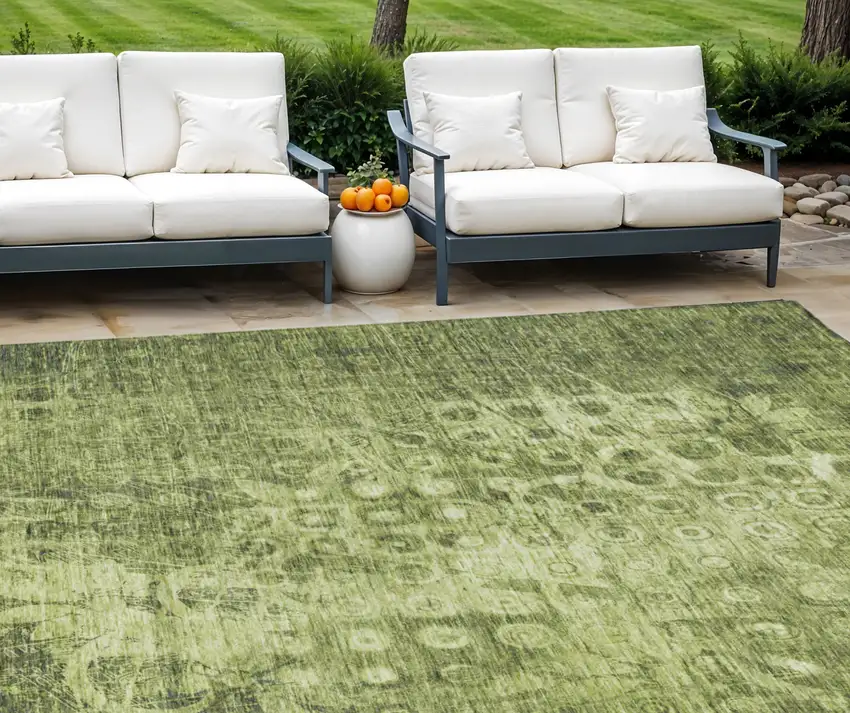 Olive Green Ikat Washable Non Skid Indoor Outdoor Area Rug Photo 1
