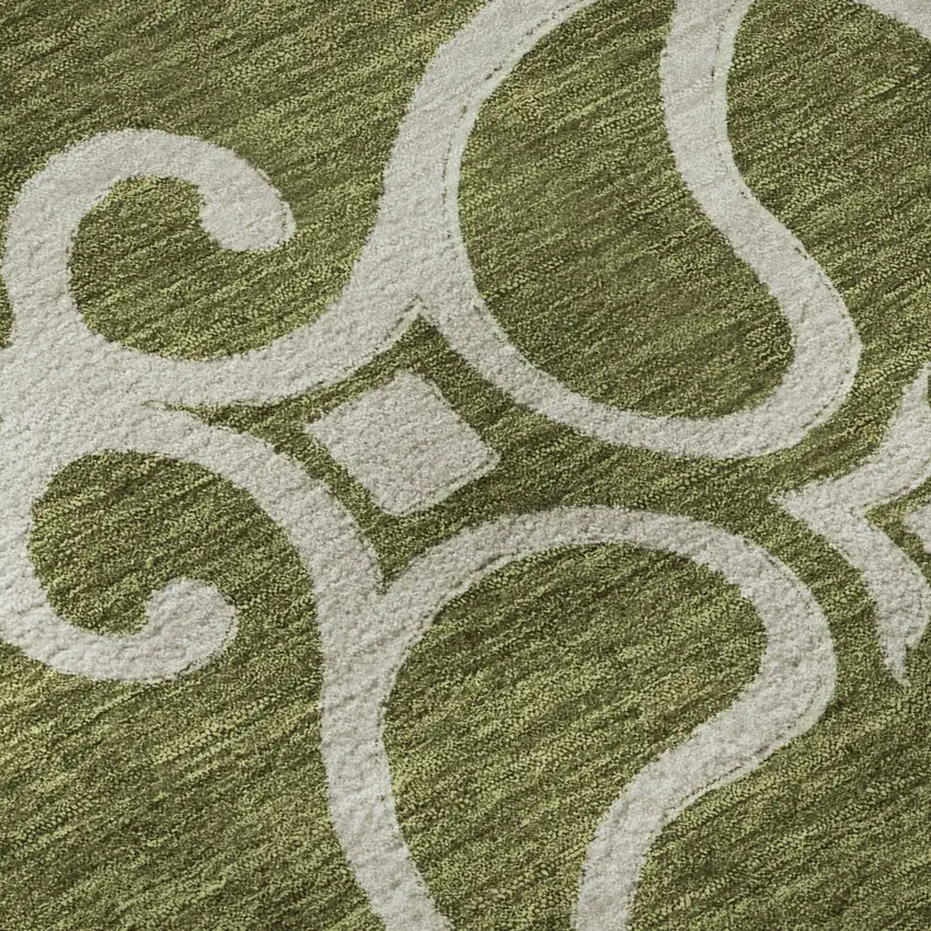 Olive Green Ivory And Beige Floral Medallion Washable Area Rug With UV Protection Photo 9