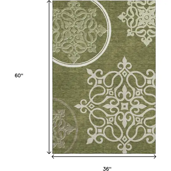 Olive Green Ivory And Beige Floral Medallion Washable Area Rug With UV Protection Photo 3