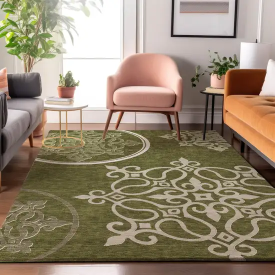 Olive Green Ivory And Beige Floral Medallion Washable Area Rug With UV Protection Photo 4