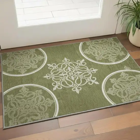 Olive Green Ivory And Beige Floral Medallion Washable Area Rug With UV Protection Photo 2