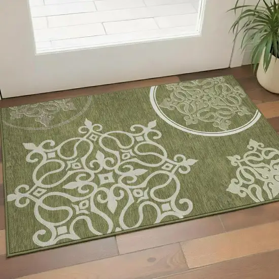 Olive Green Ivory And Beige Floral Medallion Washable Area Rug With UV Protection Photo 1