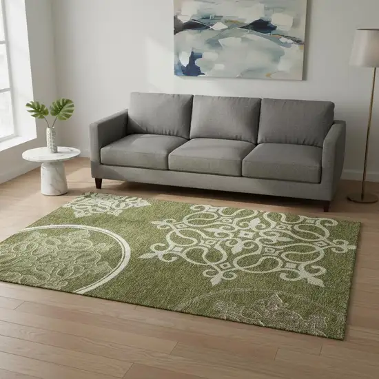 Olive Green Ivory And Beige Floral Medallion Washable Area Rug With UV Protection Photo 2