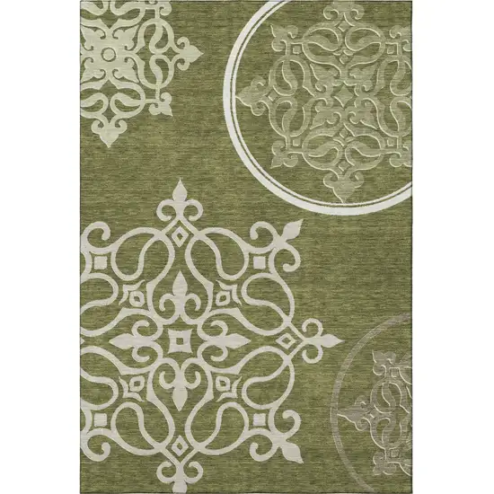 Olive Green Ivory And Beige Floral Medallion Washable Area Rug With UV Protection Photo 4