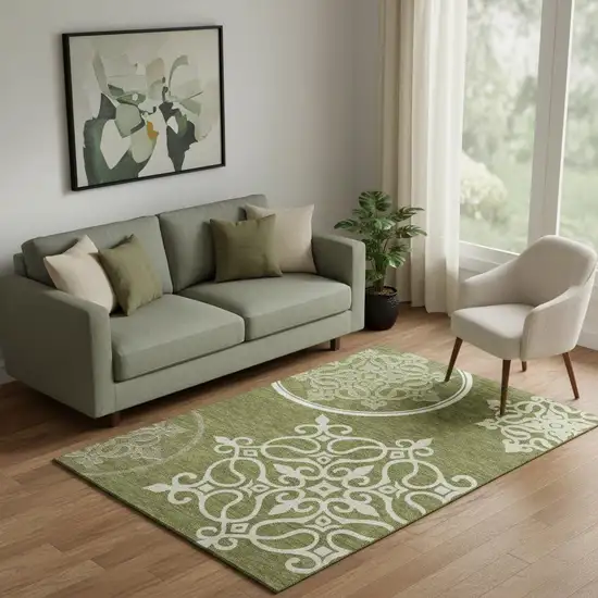 Olive Green Ivory And Beige Floral Medallion Washable Area Rug With UV Protection Photo 1