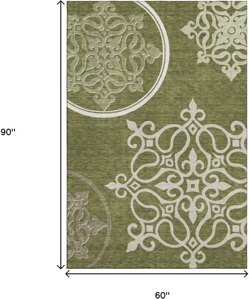 Olive Green Ivory And Beige Floral Medallion Washable Area Rug With UV Protection Photo 9