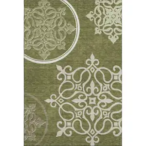 Photo of Olive Green Ivory And Beige Floral Medallion Washable Area Rug With UV Protection