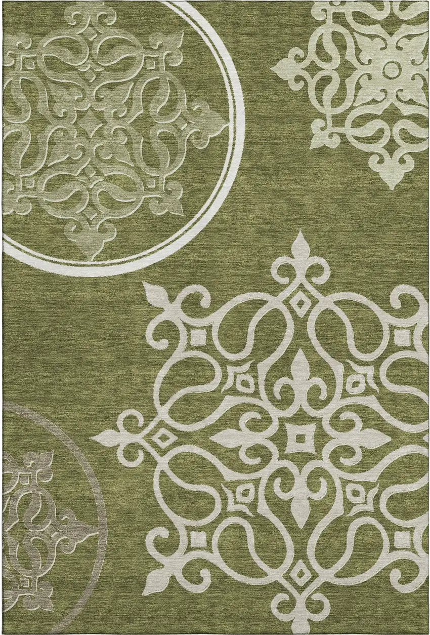 Olive Green Ivory And Beige Floral Medallion Washable Area Rug With UV Protection Photo 1
