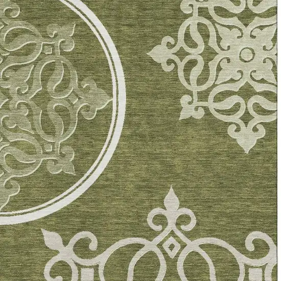 Olive Green Ivory And Beige Floral Medallion Washable Area Rug With UV Protection Photo 3