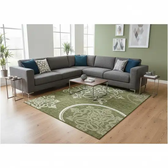 Olive Green Ivory And Beige Floral Medallion Washable Area Rug With UV Protection Photo 2