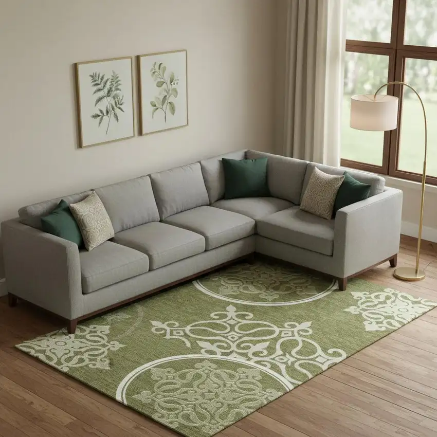 Olive Green Ivory And Beige Floral Medallion Washable Area Rug With UV Protection Photo 1