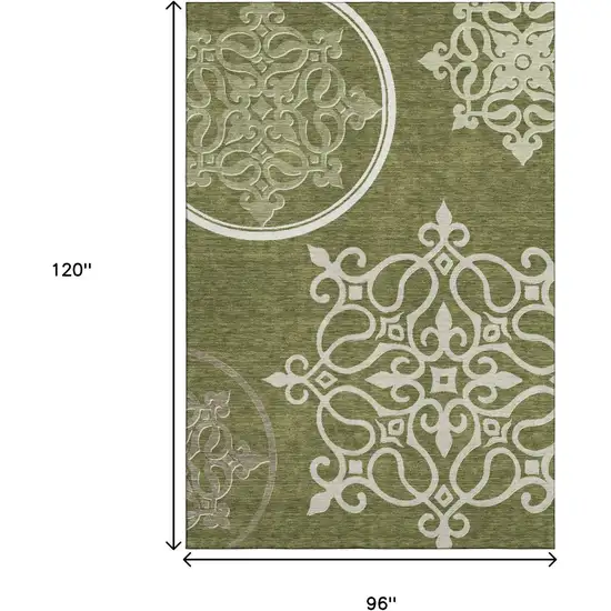 Olive Green Ivory And Beige Floral Medallion Washable Area Rug With UV Protection Photo 9
