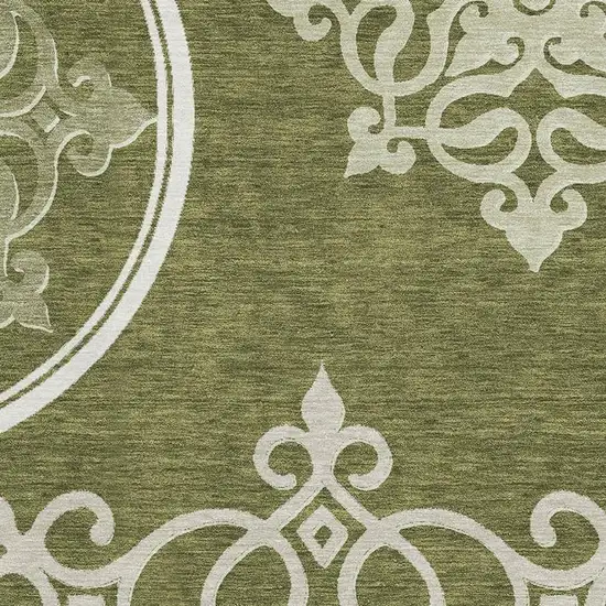 Olive Green Ivory And Beige Floral Medallion Washable Area Rug With UV Protection Photo 3