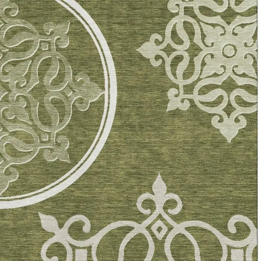 Olive Green Ivory And Beige Floral Medallion Washable Area Rug With UV Protection Photo 4