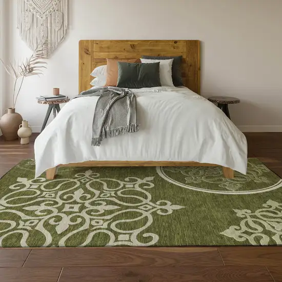 Olive Green Ivory And Beige Floral Medallion Washable Area Rug With UV Protection Photo 6