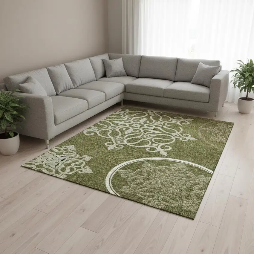 Olive Green Ivory And Beige Floral Medallion Washable Area Rug With UV Protection Photo 2