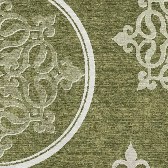 Olive Green Ivory And Beige Floral Medallion Washable Area Rug With UV Protection Photo 3