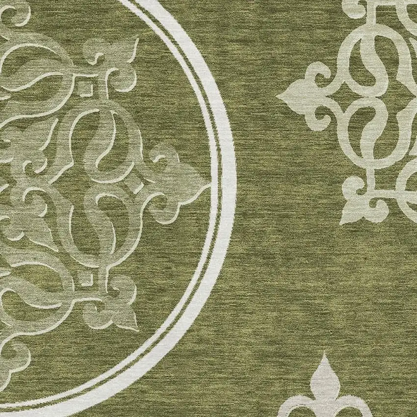 Olive Green Ivory And Beige Floral Medallion Washable Area Rug With UV Protection Photo 3