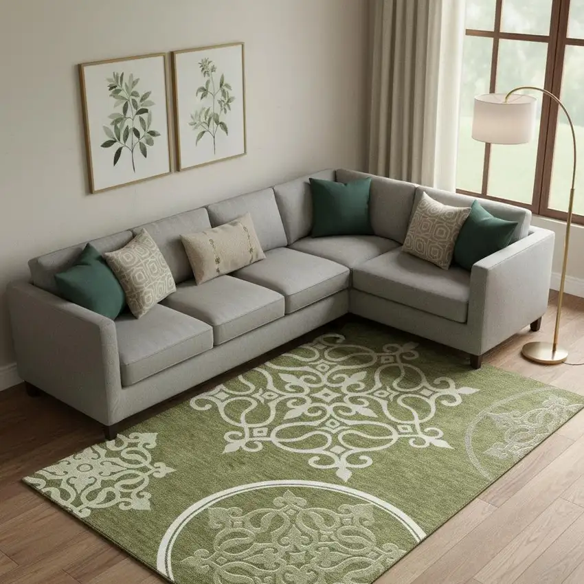 Olive Green Ivory And Beige Floral Medallion Washable Area Rug With UV Protection Photo 1