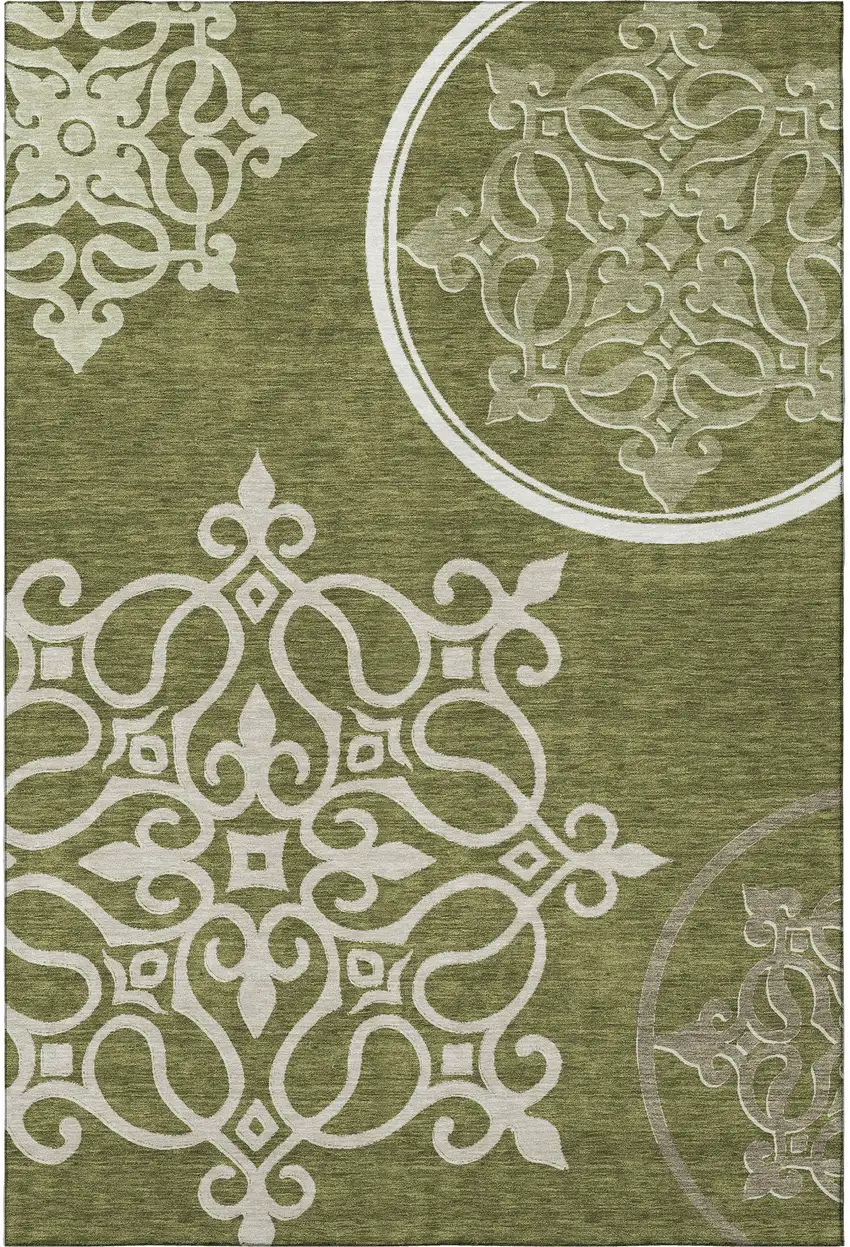 Olive Green Ivory And Beige Floral Medallion Washable Area Rug With UV Protection Photo 4