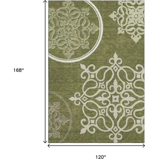 Olive Green Ivory And Beige Floral Medallion Washable Area Rug With UV Protection Photo 9