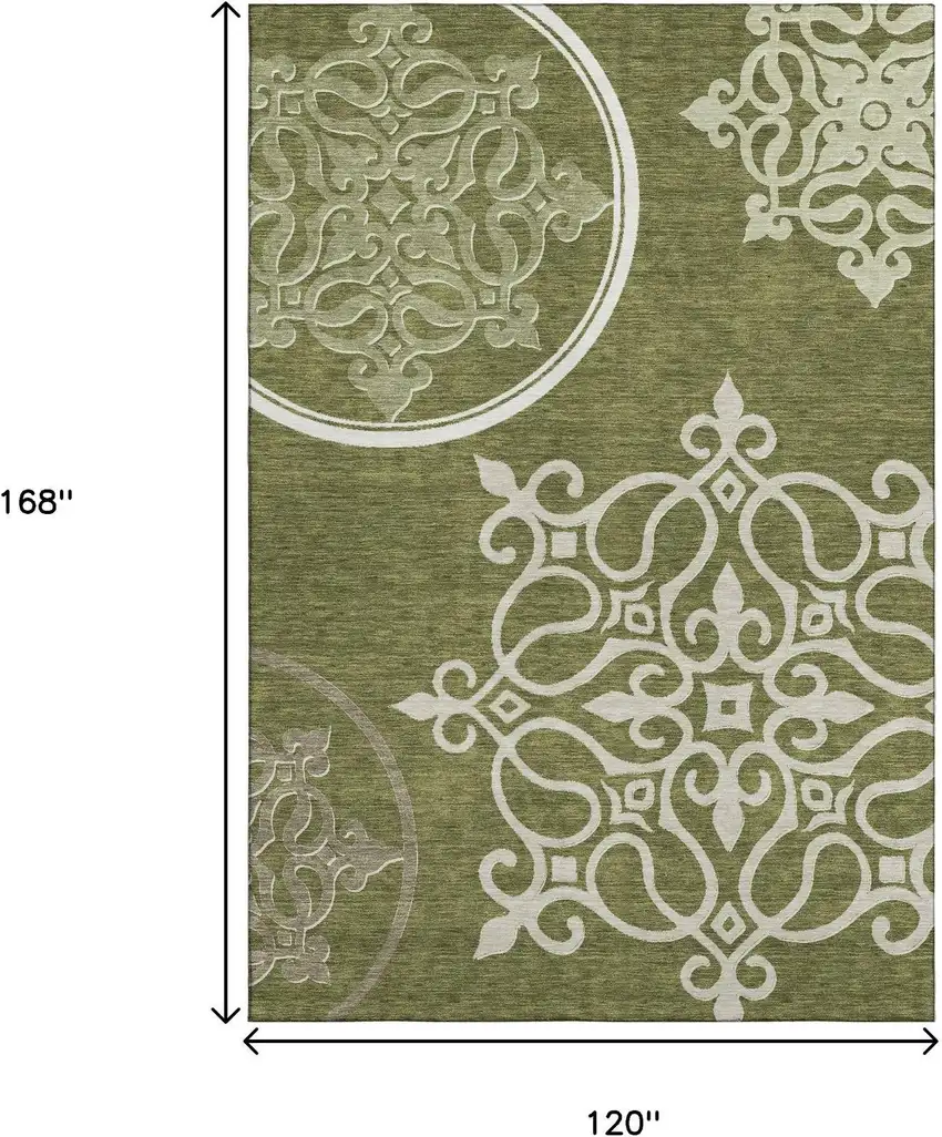 Olive Green Ivory And Beige Floral Medallion Washable Area Rug With UV Protection Photo 9