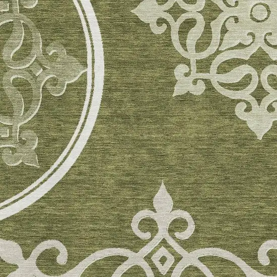 Olive Green Ivory And Beige Floral Medallion Washable Area Rug With UV Protection Photo 3
