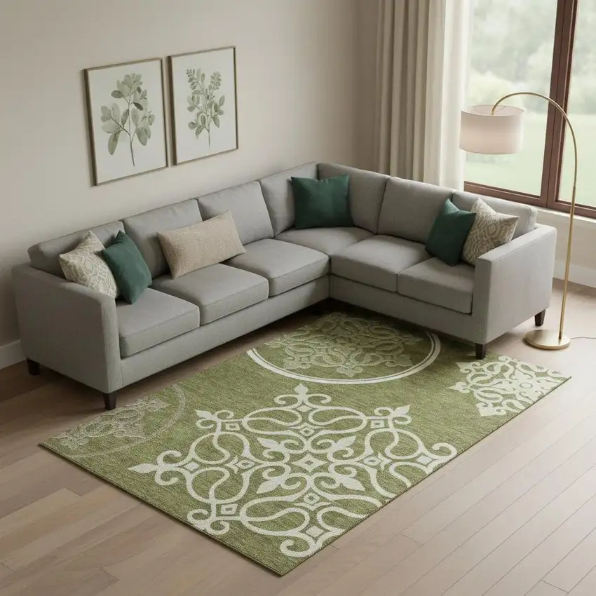 Olive Green Ivory And Beige Floral Medallion Washable Area Rug With UV Protection Photo 1