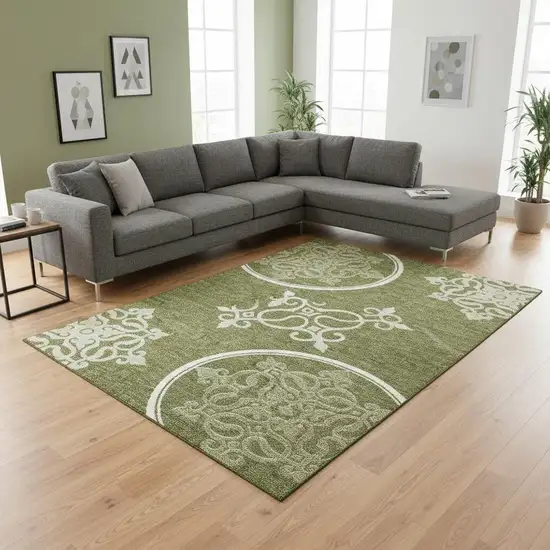 Olive Green Ivory And Beige Floral Medallion Washable Area Rug With UV Protection Photo 2