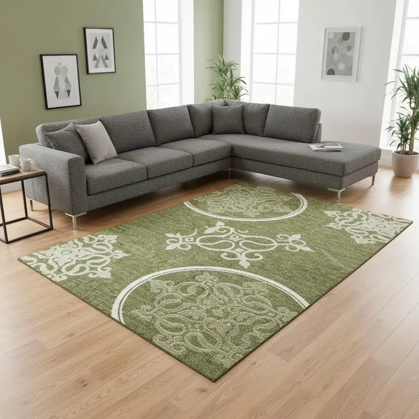 Olive Green Ivory And Beige Floral Medallion Washable Area Rug With UV Protection Photo 2
