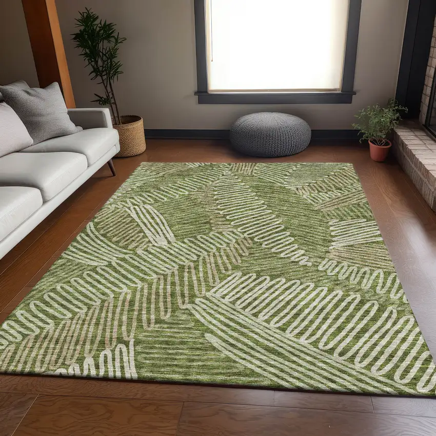 Olive Green Ivory And Beige Floral Washable Area Rug With UV Protection Photo 7