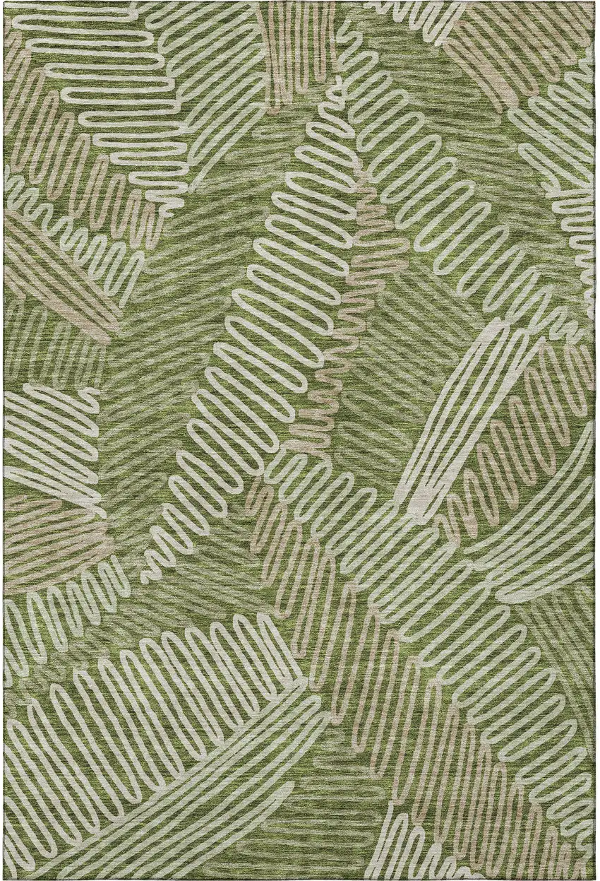 Olive Green Ivory And Beige Floral Washable Area Rug With UV Protection Photo 4