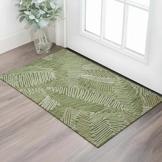 Olive Green Ivory And Beige Floral Washable Area Rug With UV Protection Photo 1