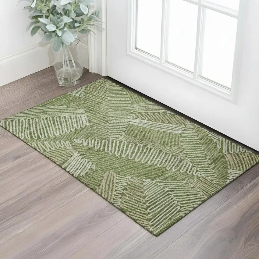 Olive Green Ivory And Beige Floral Washable Area Rug With UV Protection Photo 1