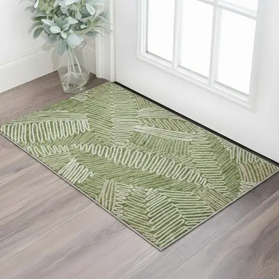 Olive Green Ivory And Beige Floral Washable Area Rug With UV Protection Photo 2