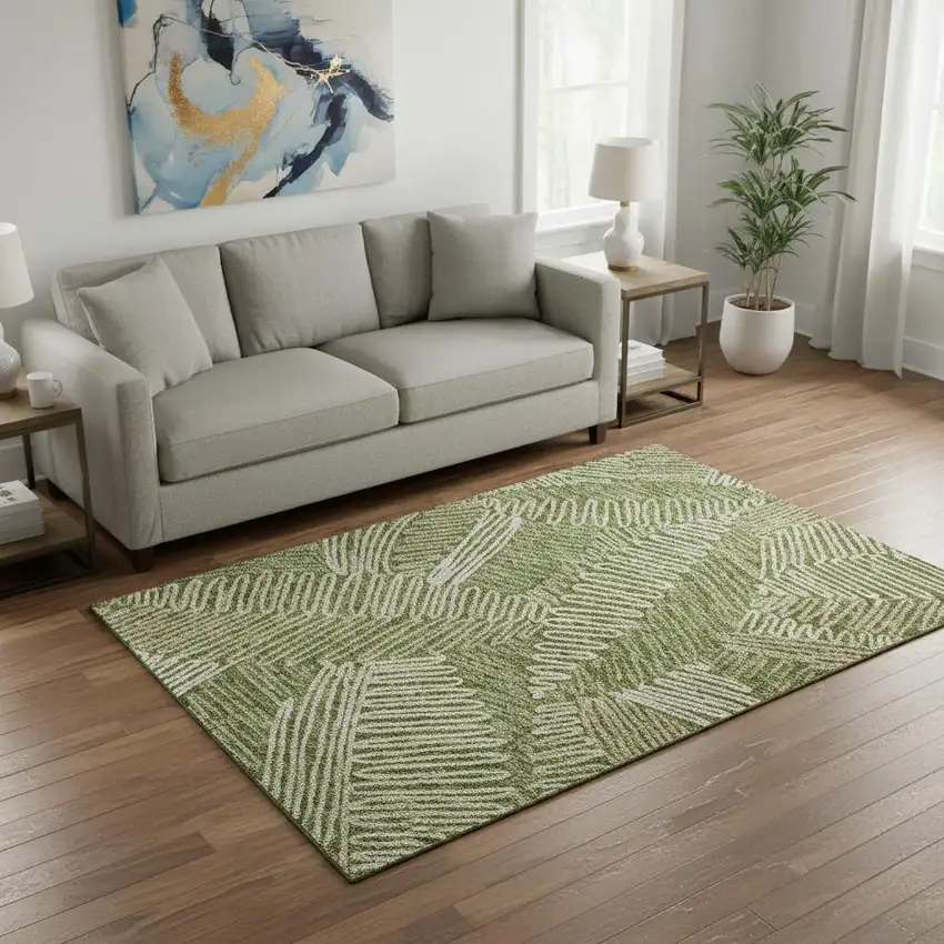 Olive Green Ivory And Beige Floral Washable Area Rug With UV Protection Photo 2