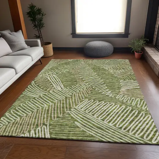 Olive Green Ivory And Beige Floral Washable Area Rug With UV Protection Photo 6