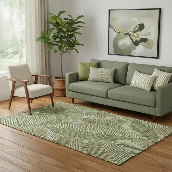 Olive Green Ivory And Beige Floral Washable Area Rug With UV Protection Photo 1