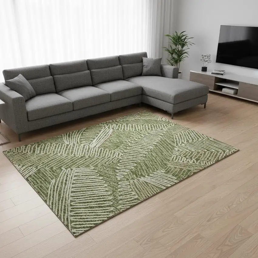 Olive Green Ivory And Beige Floral Washable Area Rug With UV Protection Photo 2