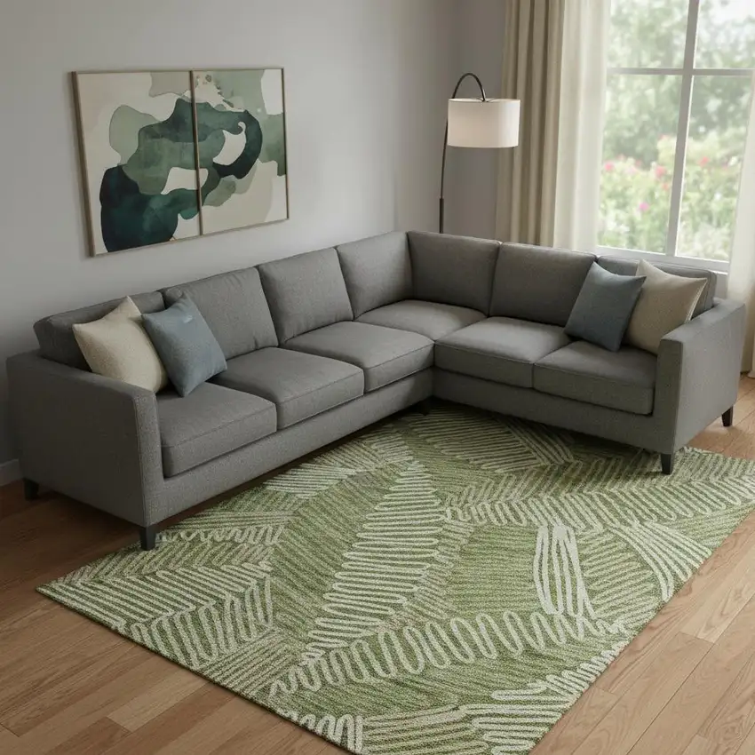 Olive Green Ivory And Beige Floral Washable Area Rug With UV Protection Photo 1